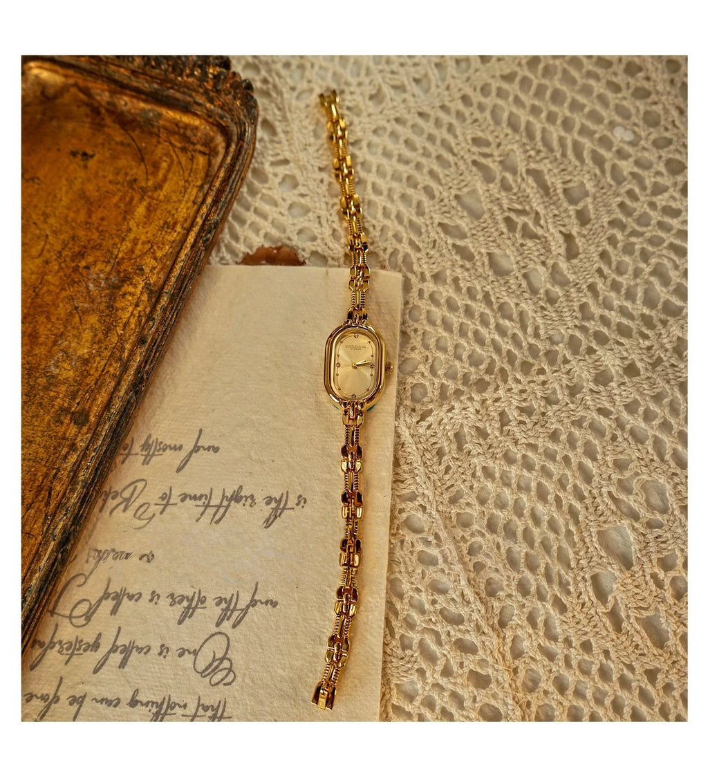 TikTok Live Hot Sale Vintage Light Luxury Quartz Waterproof Pointer Dial Oval Acrylic Band Mini Gold Elegant Women's Watch
