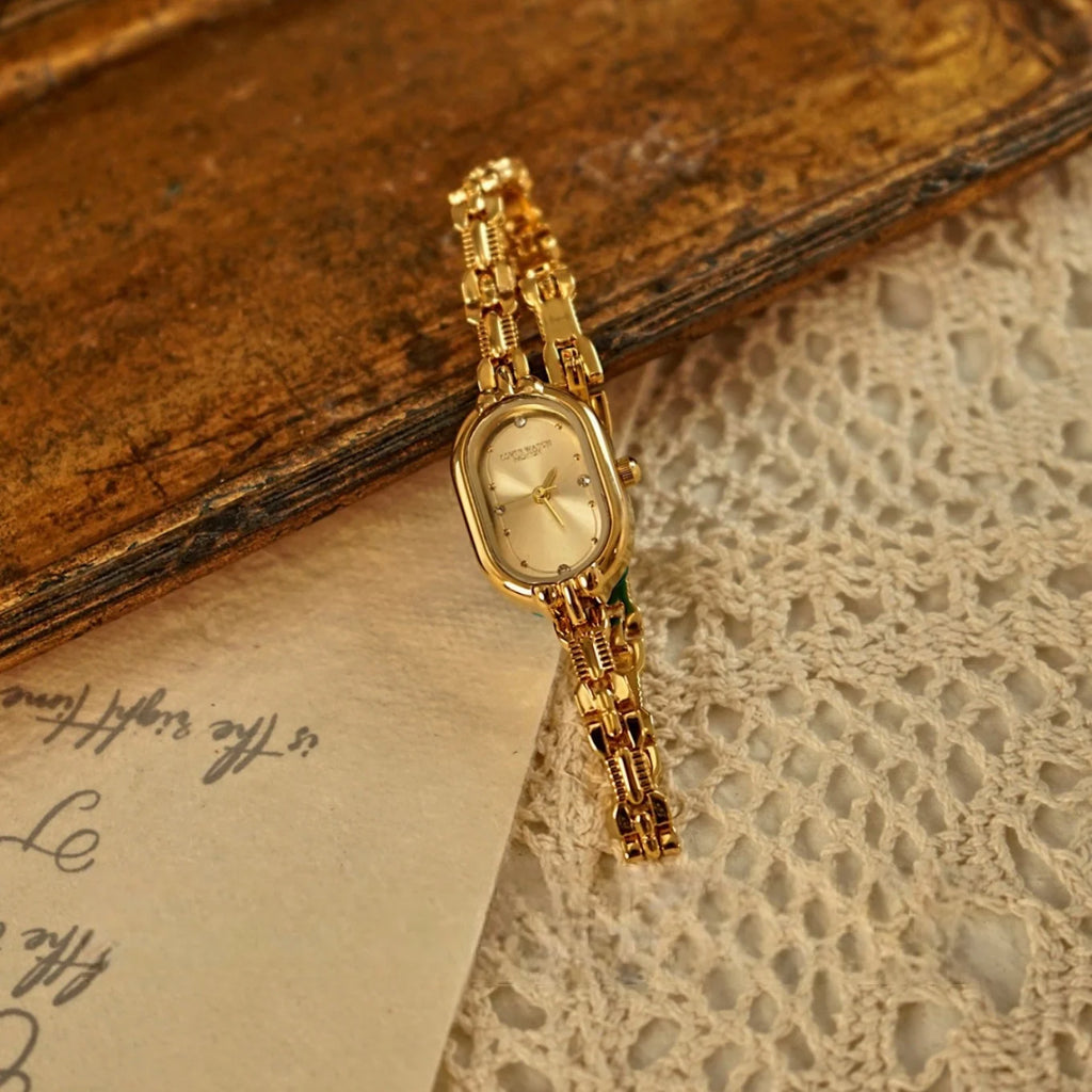 TikTok Live Hot Sale Vintage Light Luxury Quartz Waterproof Pointer Dial Oval Acrylic Band Mini Gold Elegant Women's Watch