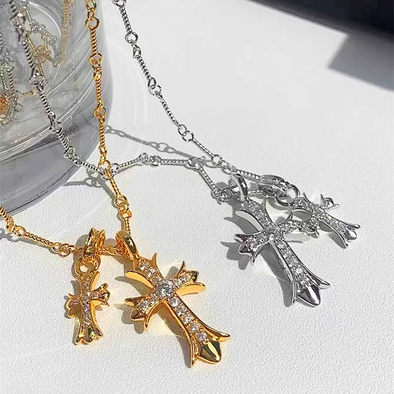 Gold Plated Double Cross Pendant Necklace Cubic Zirconia