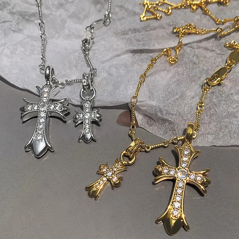 Gold Plated Double Cross Pendant Necklace Cubic Zirconia