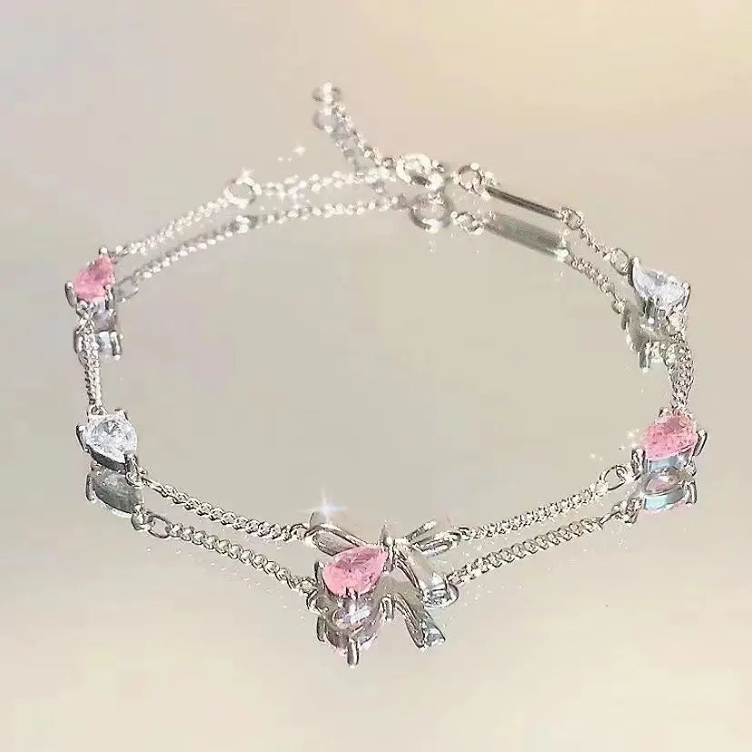 Cherry Sparkling Blossoms Butterfly Zircon Adjustable Bracelet