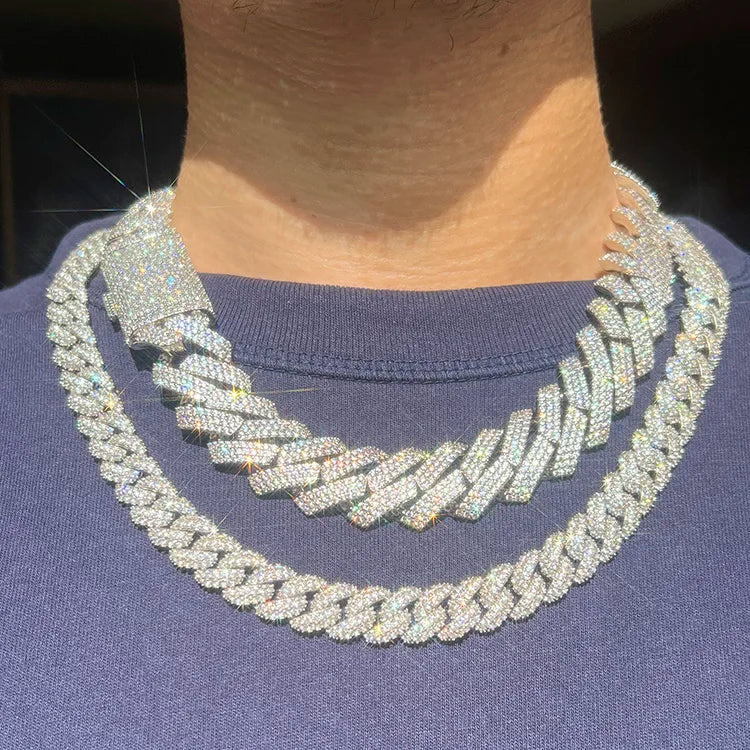 Heavy Silver Weight 20mm 15mm Wide Cuban Link Chain Iced Out 3rows GRA VVS Moissanite Diamond Necklace for Men's Hiphop Jewelry
