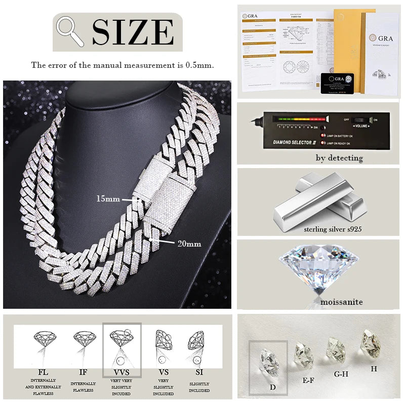 Heavy Silver Weight 20mm 15mm Wide Cuban Link Chain Iced Out 3rows GRA VVS Moissanite Diamond Necklace for Men's Hiphop Jewelry