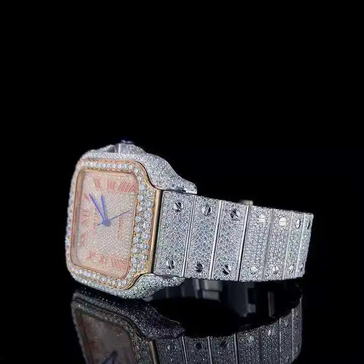 Elegant Automatic Mechanical Stainless Steel Watch Classic Analog Fully Iced Moissanite Stones Premium Quality Luxury Fashion
