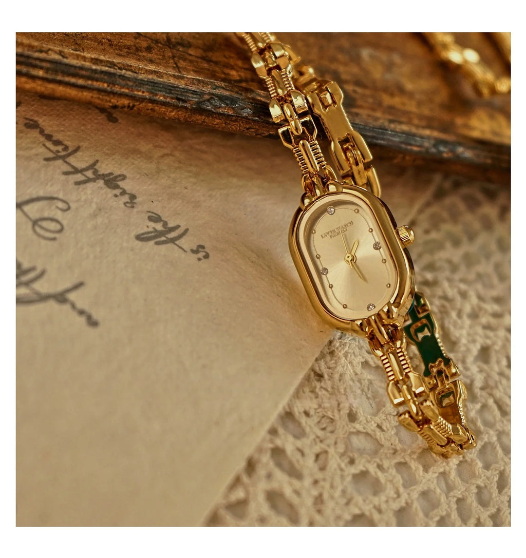 TikTok Live Hot Sale Vintage Light Luxury Quartz Waterproof Pointer Dial Oval Acrylic Band Mini Gold Elegant Women's Watch