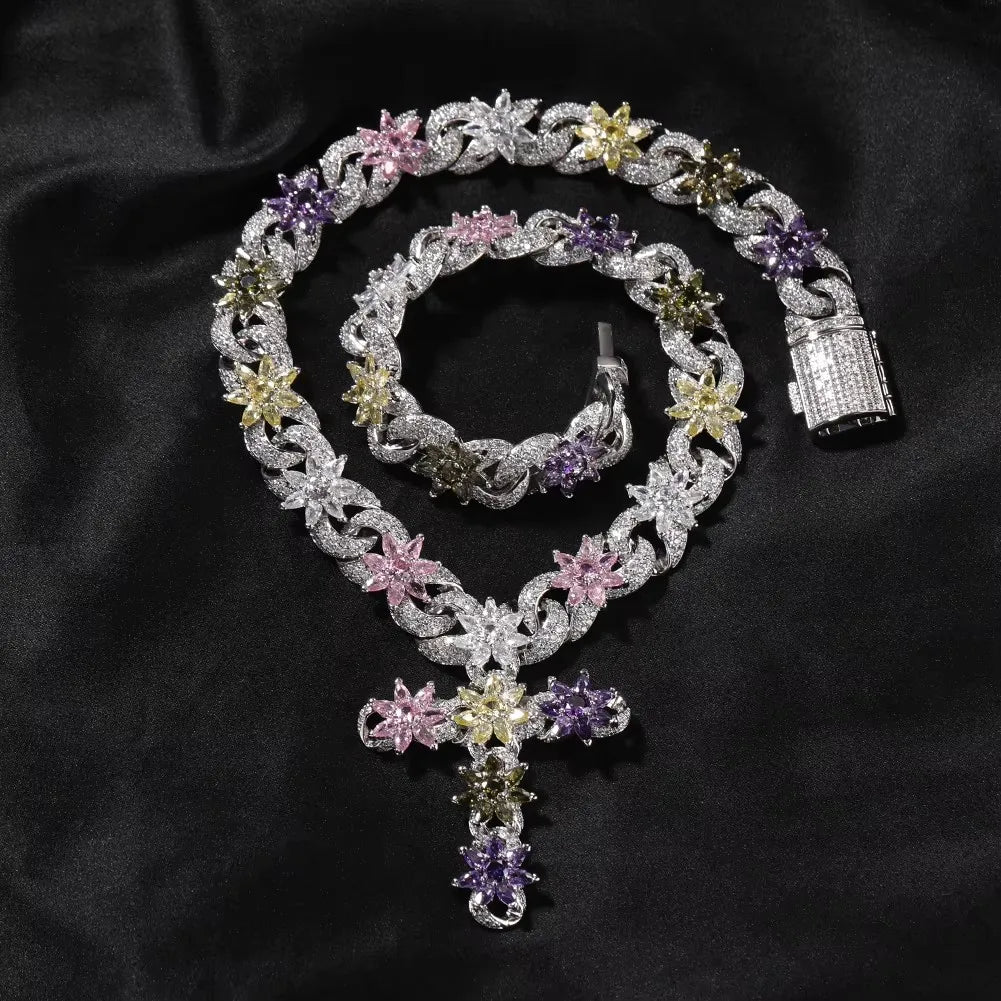 MULTI COLOR CUBAN LINK CROSS NECKLACE