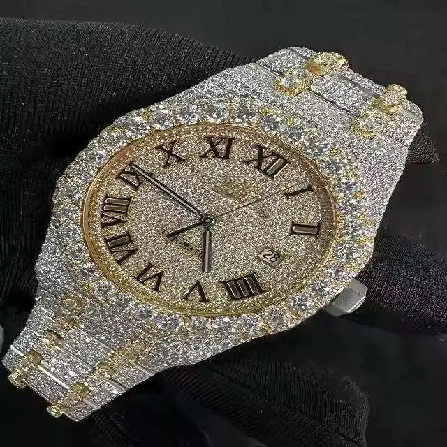 Premium Automatic Mechanical Stainless Steel Watch Iced Moissanite Stones Luxury Fashion Simple Design Flawless Timepiece