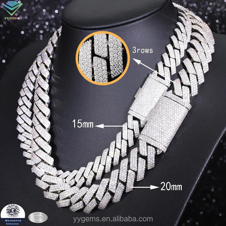Heavy Silver Weight 20mm 15mm Wide Cuban Link Chain Iced Out 3rows GRA VVS Moissanite Diamond Necklace for Men's Hiphop Jewelry