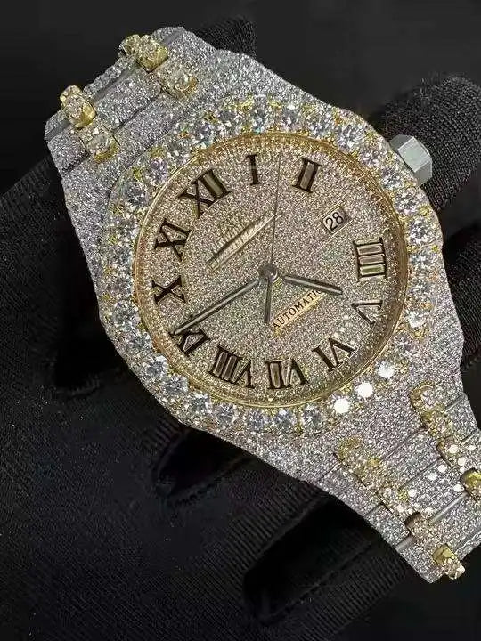 Premium Automatic Mechanical Stainless Steel Watch Iced Moissanite Stones Luxury Fashion Simple Design Flawless Timepiece