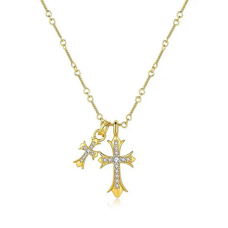 Gold Plated Double Cross Pendant Necklace Cubic Zirconia
