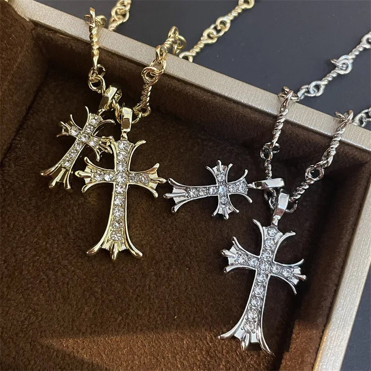 Gold Plated Double Cross Pendant Necklace Cubic Zirconia