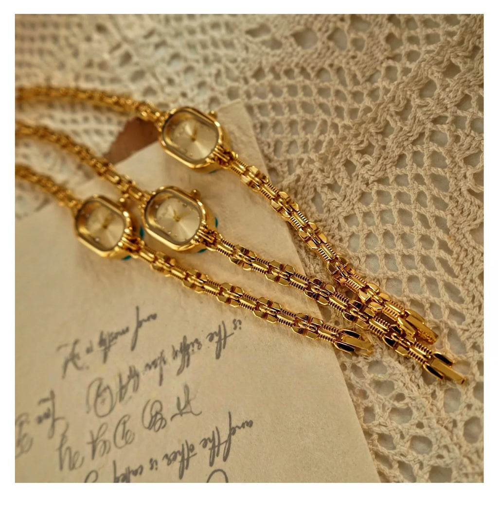 TikTok Live Hot Sale Vintage Light Luxury Quartz Waterproof Pointer Dial Oval Acrylic Band Mini Gold Elegant Women's Watch