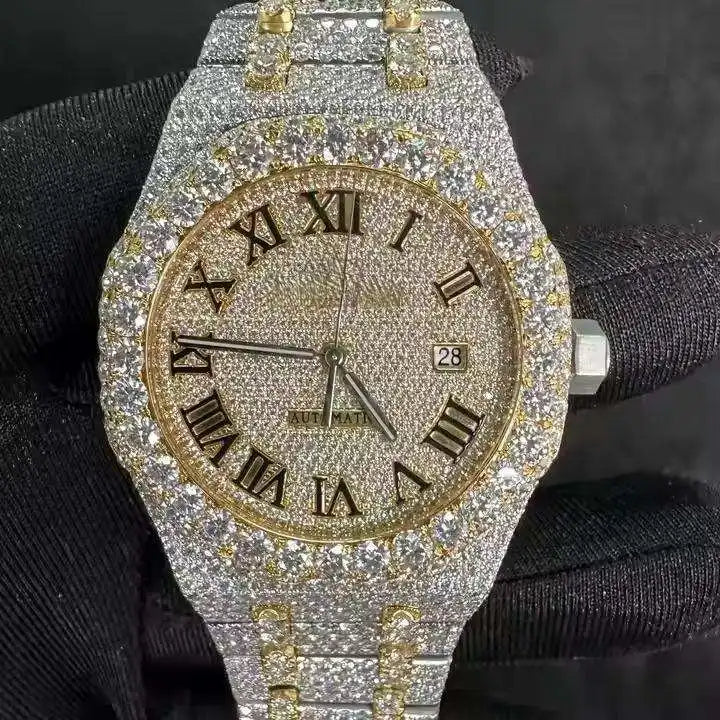 Premium Automatic Mechanical Stainless Steel Watch Iced Moissanite Stones Luxury Fashion Simple Design Flawless Timepiece