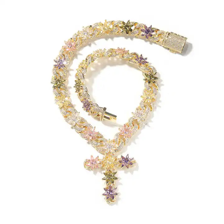 MULTI COLOR CUBAN LINK CROSS NECKLACE