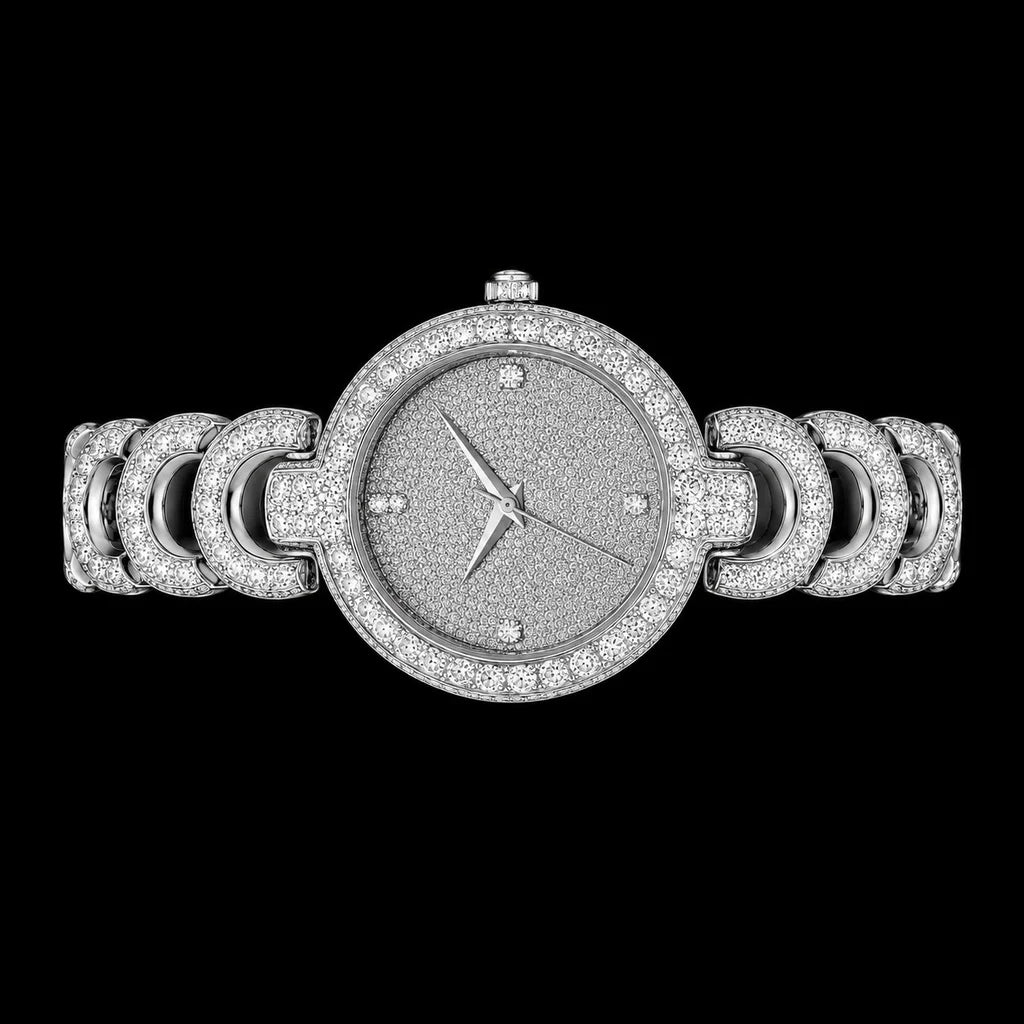 Luxury Iced Out Diamond Round Watch Silver Stainless Steel Chain Bracelet Quartz Wristwatch for Men Women Premium Style
