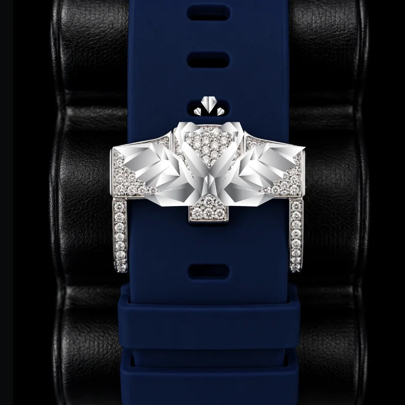 Luxury Classic Fashion Sports Watch with Blue Rubber Strap Full Pave Moissanite Stainless Steel Case Analog Chronograph Dial