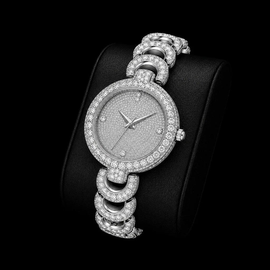 Luxury Iced Out Diamond Round Watch Silver Stainless Steel Chain Bracelet Quartz Wristwatch for Men Women Premium Style