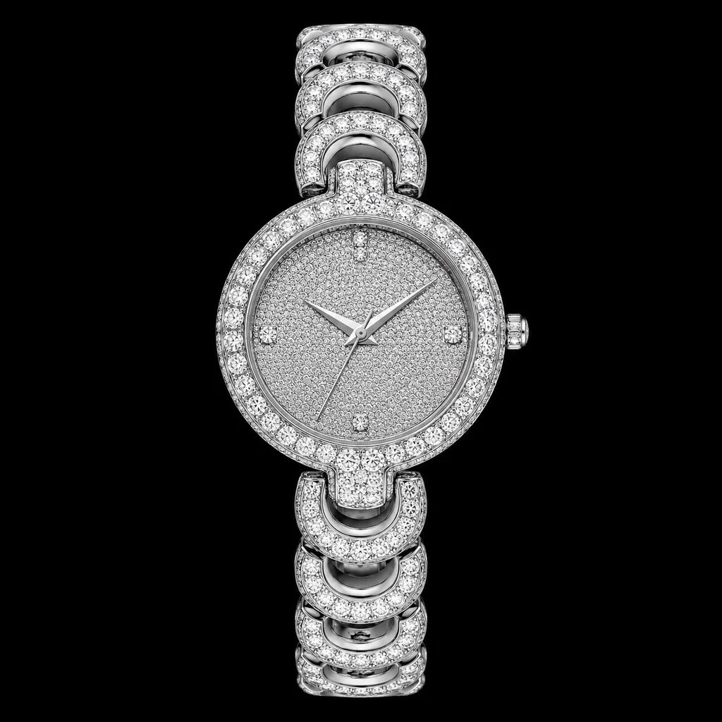 Luxury Iced Out Diamond Round Watch Silver Stainless Steel Chain Bracelet Quartz Wristwatch for Men Women Premium Style