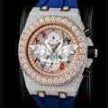 Luxury Classic Fashion Sports Watch with Blue Rubber Strap Full Pave Moissanite Stainless Steel Case Analog Chronograph Dial