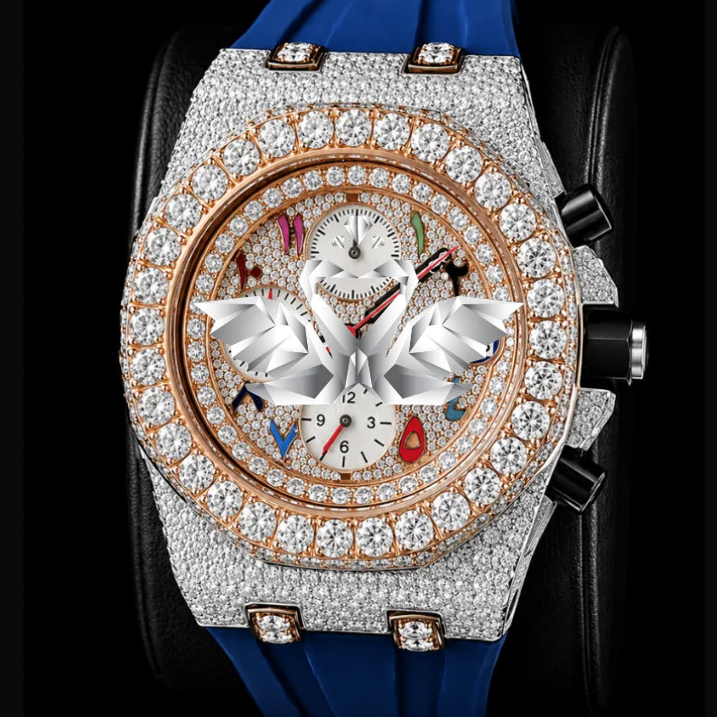 Luxury Classic Fashion Sports Watch with Blue Rubber Strap Full Pave Moissanite Stainless Steel Case Analog Chronograph Dial