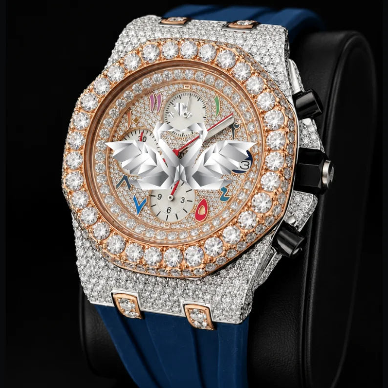 Luxury Classic Fashion Sports Watch with Blue Rubber Strap Full Pave Moissanite Stainless Steel Case Analog Chronograph Dial