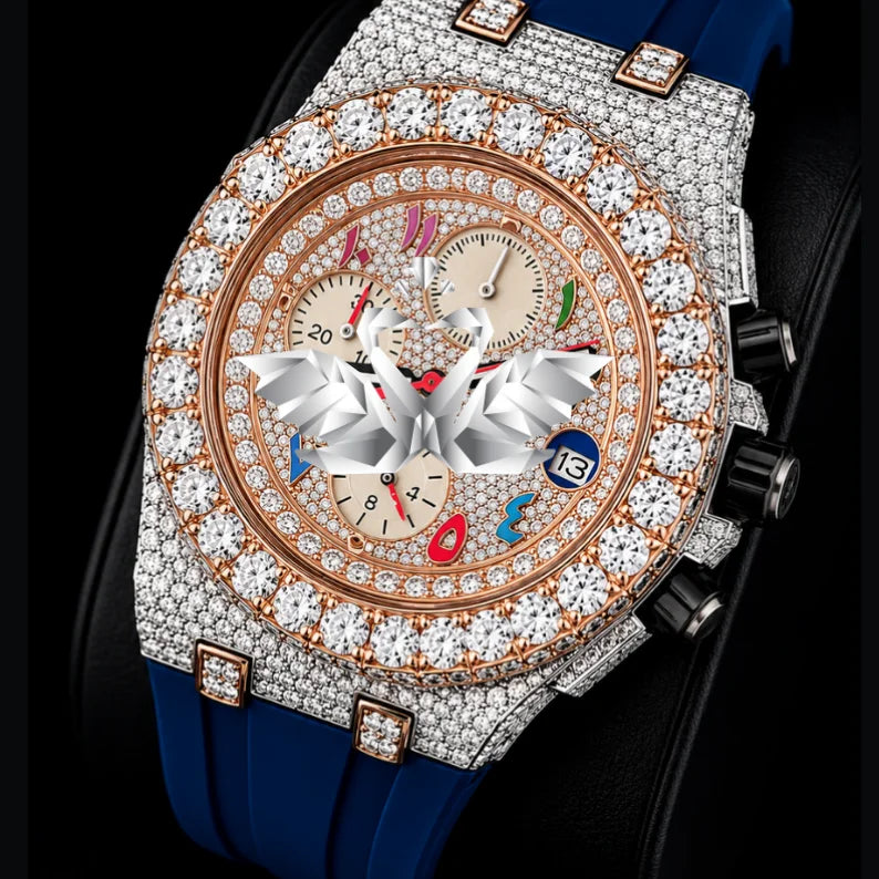 Luxury Classic Fashion Sports Watch with Blue Rubber Strap Full Pave Moissanite Stainless Steel Case Analog Chronograph Dial