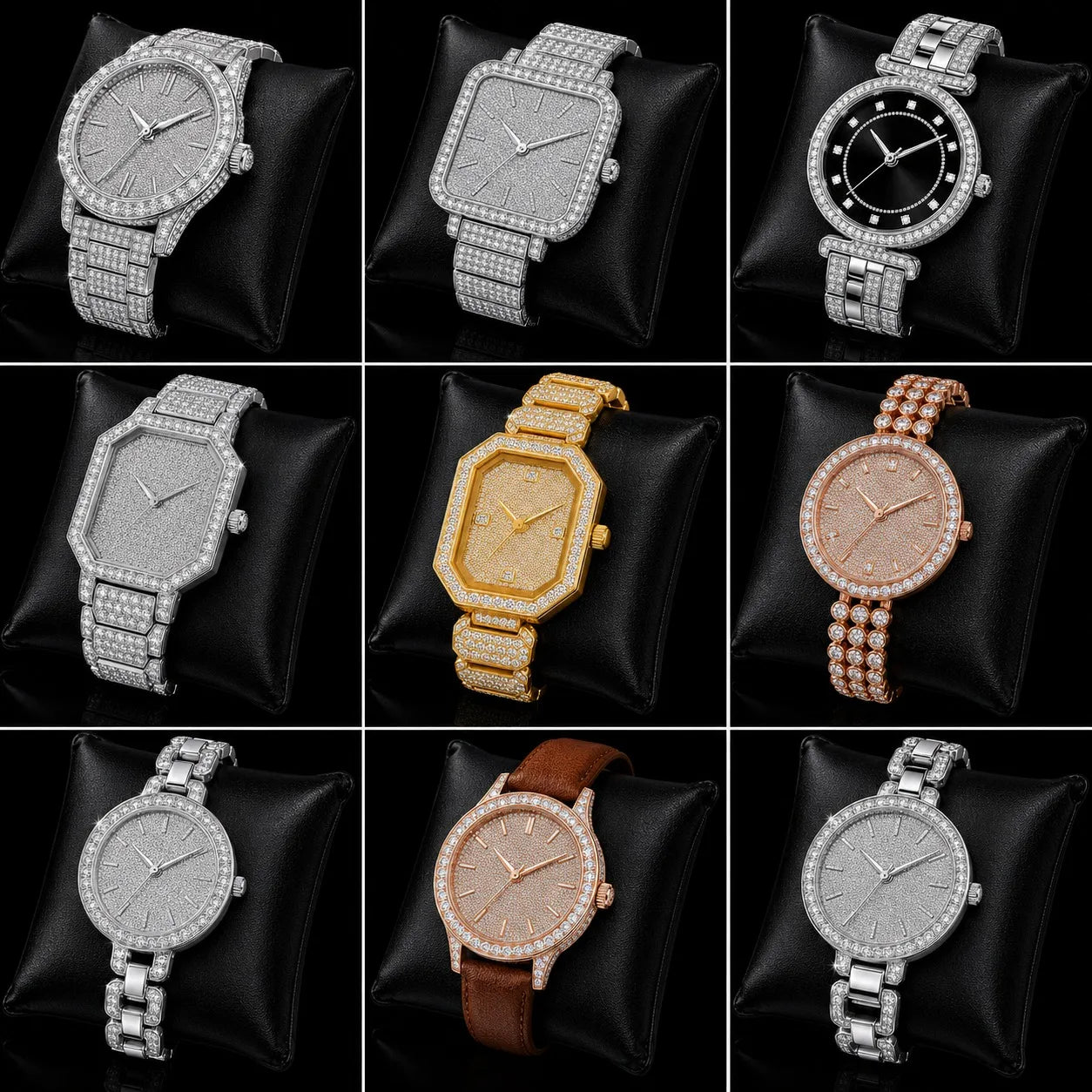 Luxury Iced Out Diamond Round Watch Silver Stainless Steel Chain Bracelet Quartz Wristwatch for Men Women Premium Style